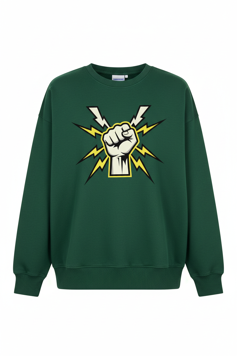 Tough Times Triumph Relaxed Crewneck Sweatshirt - Forest Green Fist & Lightning