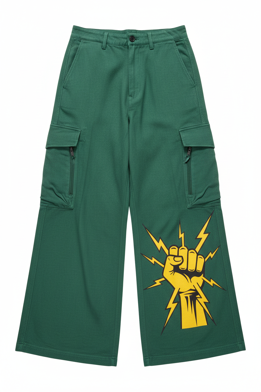 Tough Times Triumph Wide-Leg Utility Pant - Forest Green Fist & Lightning