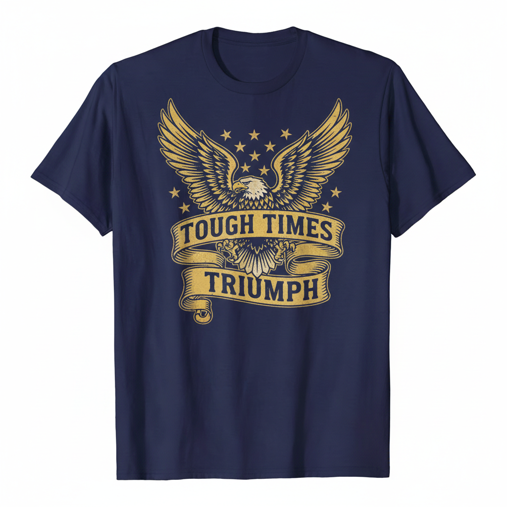 Tough Times Triumph Classic Tee - Navy with Eagle Gold Banner Design
