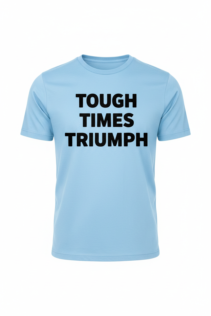 Baby blue t-shirt with black lettering Tough Times Triumph across the chest